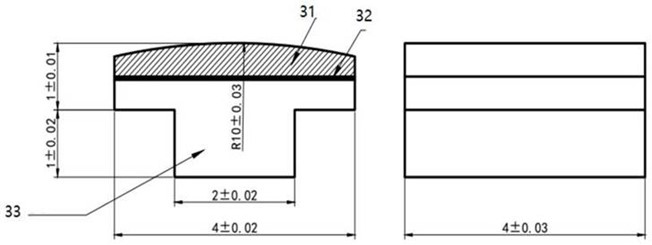 Section transversale du contact en forme de T pour klaxon automobile : couche de travail en tungstène (31), couche de brasage BAg72Cu (32) et support en cuivre (33). Section transversale du contact en forme de T pour klaxon automobile : couche de travail en tungstène (31), couche de brasage BAg72Cu (32) et support en cuivre (33).