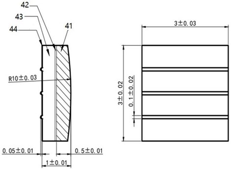 Section transversale du contact avec une couche d'assemblage secondaire : couche de travail en tungstène (41), couche de brasage BAg72Cu (42), support en cuivre (43) et couche d'assemblage BAg15CuP (44). Section transversale du contact avec une couche d'assemblage secondaire : couche de travail en tungstène (41), couche de brasage BAg72Cu (42), support en cuivre (43) et couche d'assemblage BAg15CuP (44).